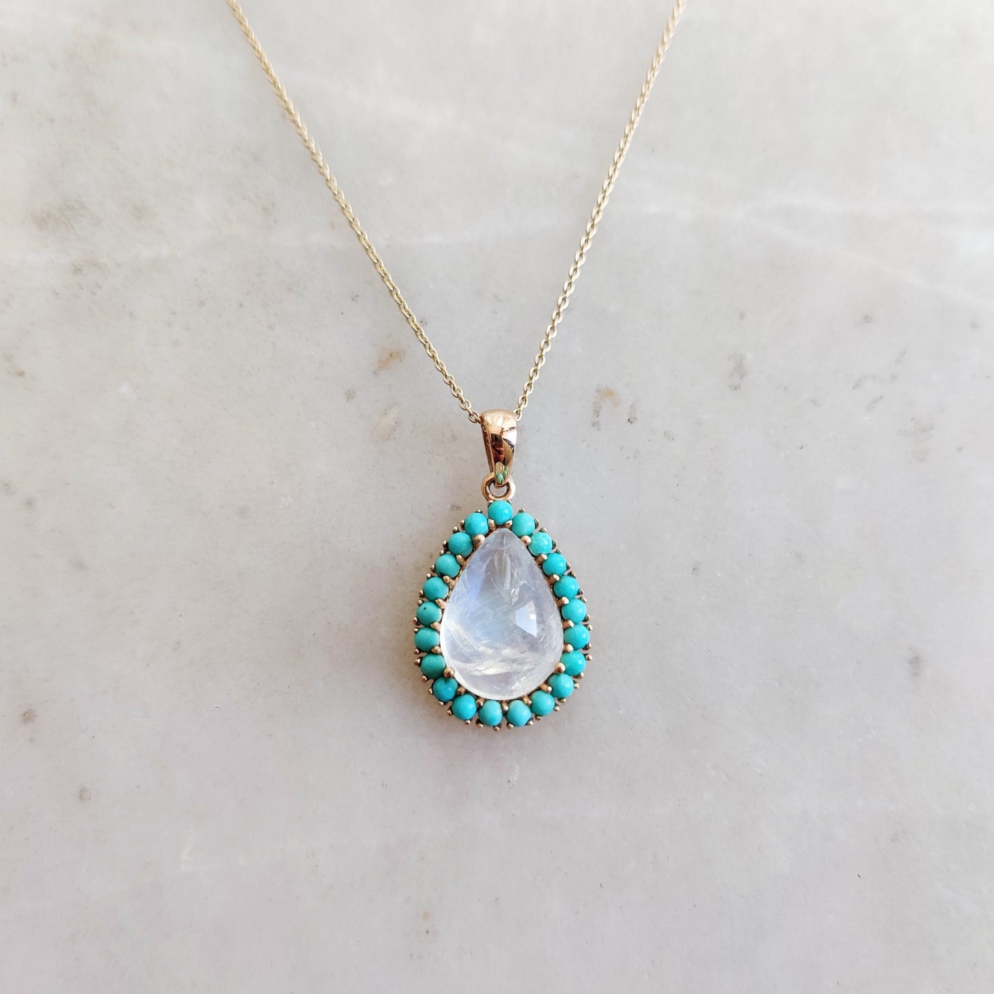 Natural Rainbow Moonstone & Turquoise Pendant set in 14K Solid Yellow Gold, June December Birthstone Pendant, Dainty Turquoise Pendant