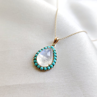 Natural Rainbow Moonstone & Turquoise Pendant set in 14K Solid Yellow Gold, June December Birthstone Pendant, Dainty Turquoise Pendant