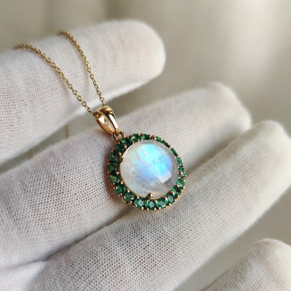 Natural Rainbow Moonstone & Emerald Pendant, 14K Solid Yellow Gold Pendant, Blue Moonstone Pendant, May and June Birthstone, Emerald Jewelry