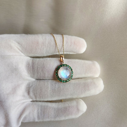 Natural Rainbow Moonstone & Emerald Pendant, 14K Solid Yellow Gold Pendant, Blue Moonstone Pendant, May and June Birthstone, Emerald Jewelry