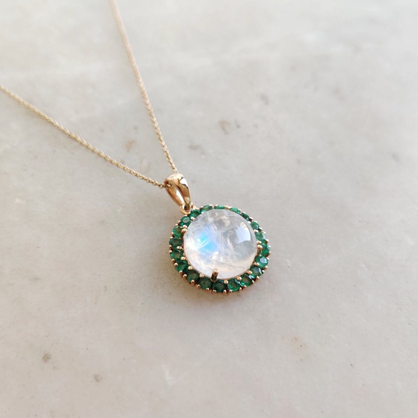 Natural Rainbow Moonstone & Emerald Pendant, 14K Solid Yellow Gold Pendant, Blue Moonstone Pendant, May and June Birthstone, Emerald Jewelry