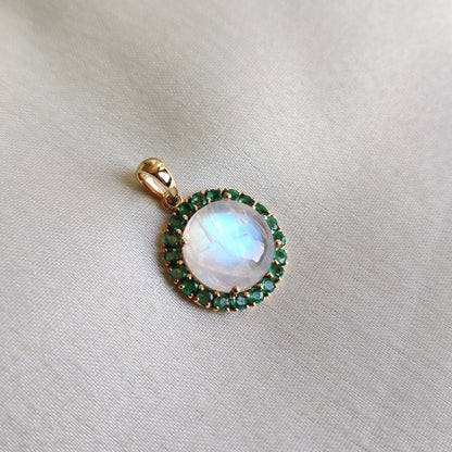 Natural Rainbow Moonstone & Emerald Pendant, 14K Solid Yellow Gold Pendant, Blue Moonstone Pendant, May and June Birthstone, Emerald Jewelry