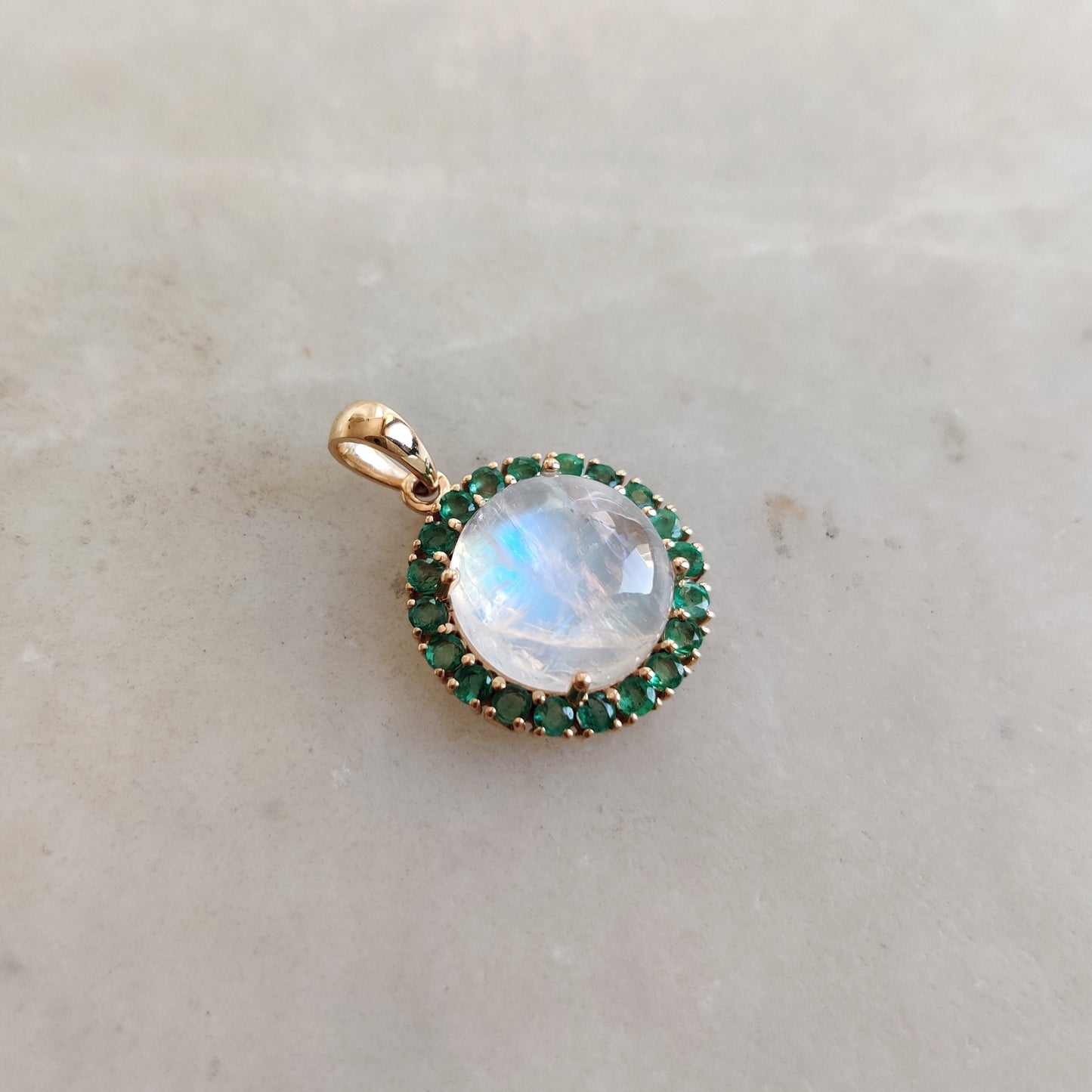 Natural Rainbow Moonstone & Emerald Pendant, 14K Solid Yellow Gold Pendant, Blue Moonstone Pendant, May and June Birthstone, Emerald Jewelry