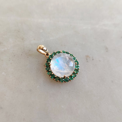 Natural Rainbow Moonstone & Emerald Pendant, 14K Solid Yellow Gold Pendant, Blue Moonstone Pendant, May and June Birthstone, Emerald Jewelry