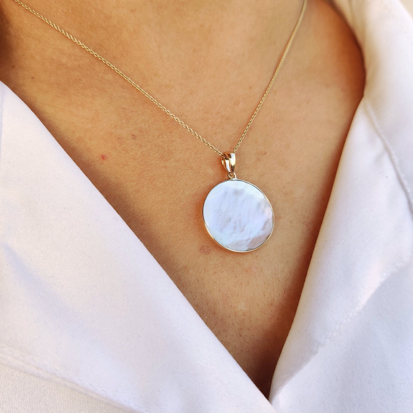 14K Gold Mother of Pearl Pendant, Natural MOP Bezel Necklace, 14K Solid Yellow Gold Pendant Necklace, June Birthstone, Christmas Gift