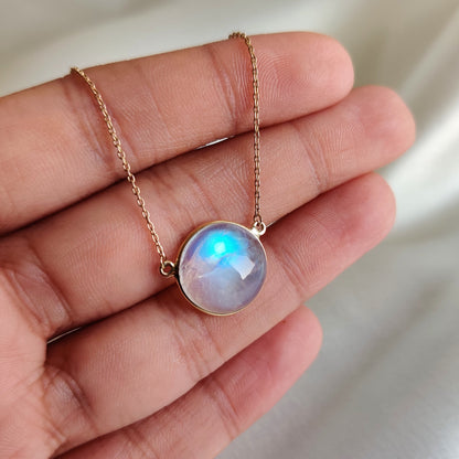 Natural Rainbow Moonstone Necklace, Moonstone Necklace Set in 14K Solid Yellow Gold, June Birthstone Pendant, Blue Moonstone Jewelry