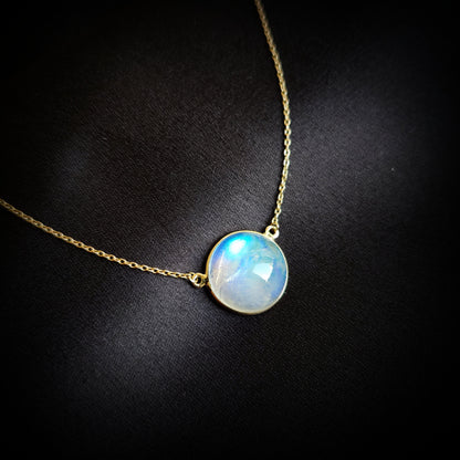 Natural Rainbow Moonstone Necklace, Moonstone Necklace Set in 14K Solid Yellow Gold, June Birthstone Pendant, Blue Moonstone Jewelry