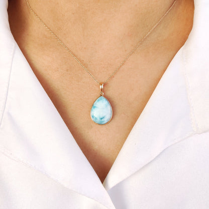 Natural Larimar Pendant, 14K Solid Gold Larimar Pendant, Solid Gold Pendant Necklace, March Birthstone, Christmas Gift, Bezel Pendant