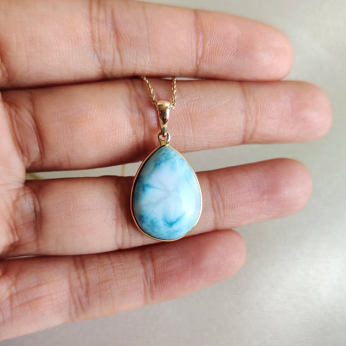 Natural Larimar Pendant, 14K Solid Gold Larimar Pendant, Solid Gold Pendant Necklace, March Birthstone, Christmas Gift, Bezel Pendant