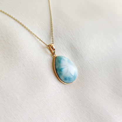 Natural Larimar Pendant, 14K Solid Gold Larimar Pendant, Solid Gold Pendant Necklace, March Birthstone, Christmas Gift, Bezel Pendant