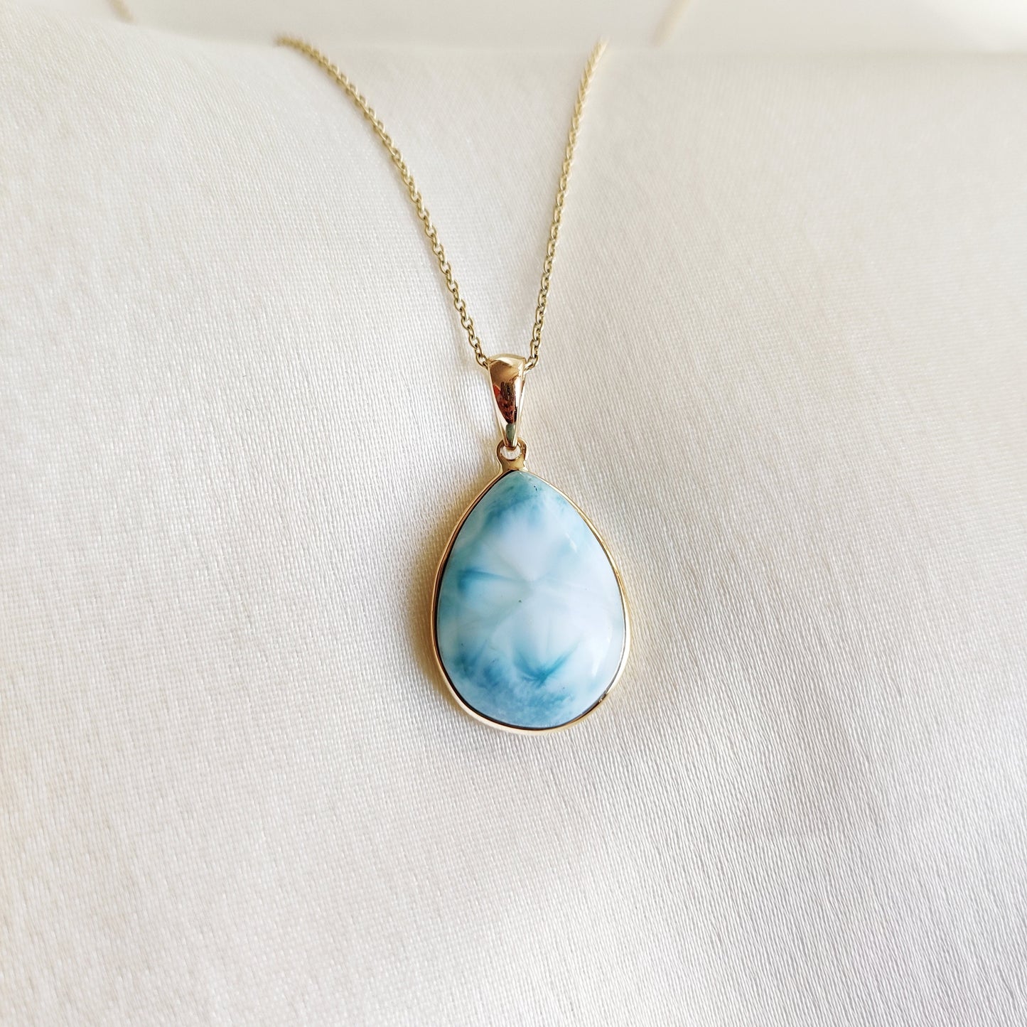 Natural Larimar Pendant, 14K Solid Gold Larimar Pendant, Solid Gold Pendant Necklace, March Birthstone, Christmas Gift, Bezel Pendant