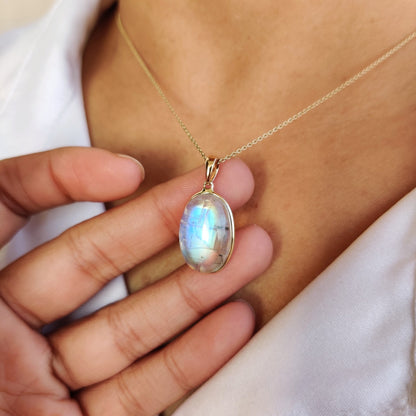 Natural Rainbow Moonstone Pendant, 14K Solid Yellow Gold Moonstone Pendant, June Birthstone Pendant, Oval Moonstone Pendant