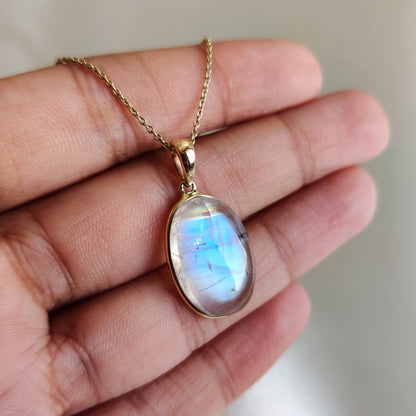 Natural Rainbow Moonstone Pendant, 14K Solid Yellow Gold Moonstone Pendant, June Birthstone Pendant, Oval Moonstone Pendant