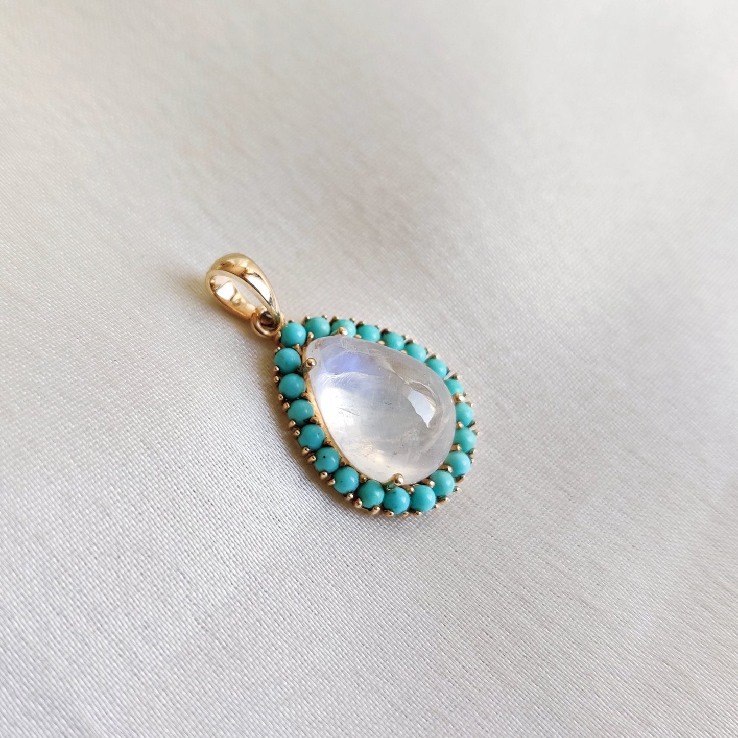 Natural Rainbow Moonstone & Turquoise Pendant set in 14K Solid Yellow Gold, June December Birthstone Pendant, Dainty Turquoise Pendant