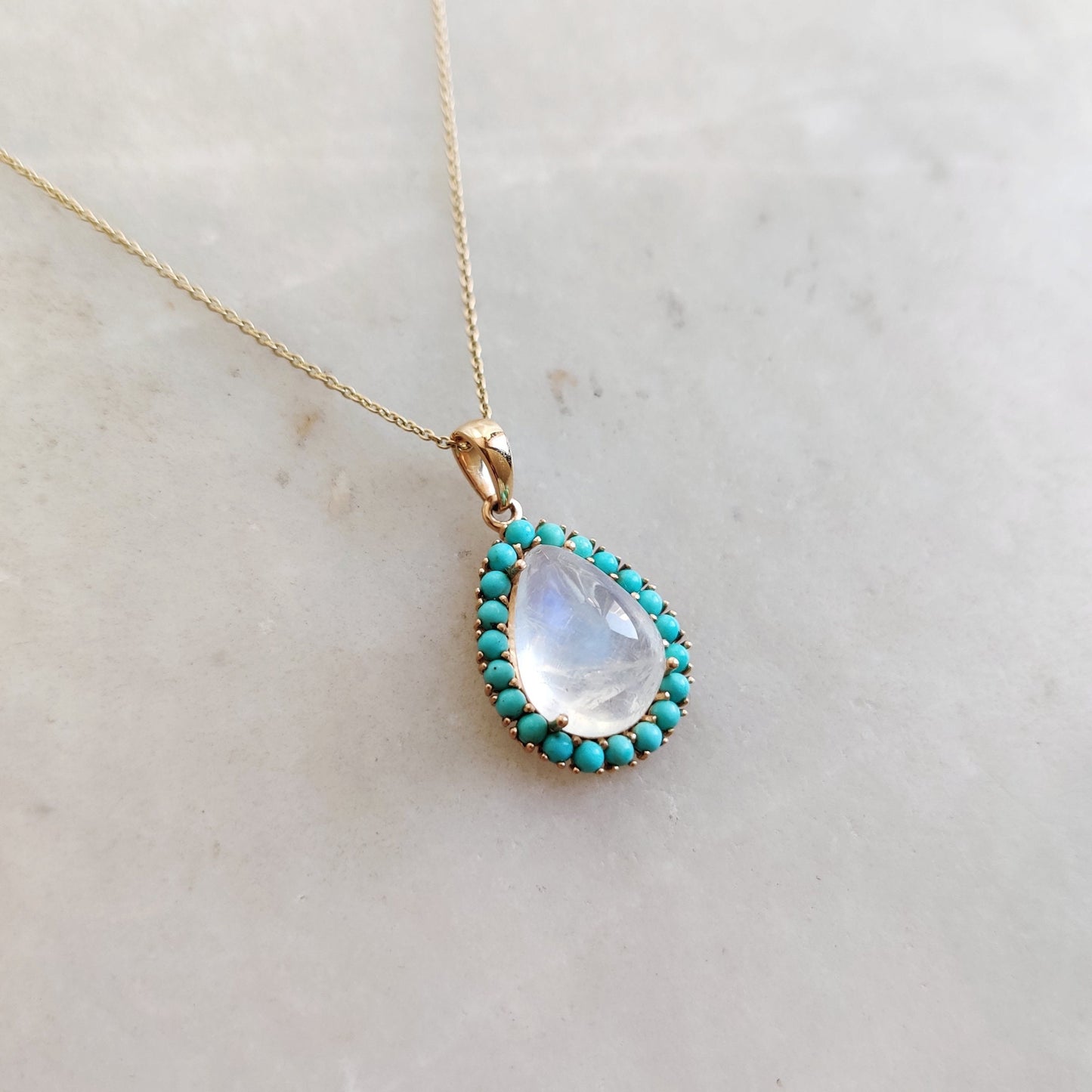 Natural Rainbow Moonstone & Turquoise Pendant set in 14K Solid Yellow Gold, June December Birthstone Pendant, Dainty Turquoise Pendant