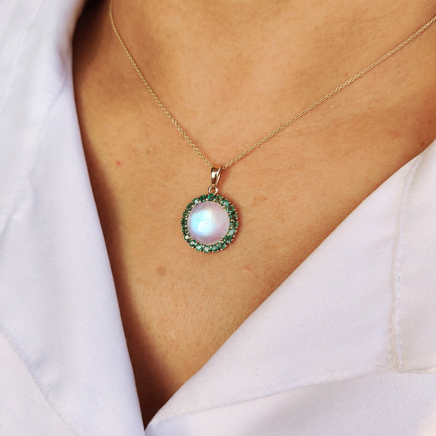 Natural Rainbow Moonstone & Emerald Pendant, 14K Solid Yellow Gold Pendant, Blue Moonstone Pendant, May and June Birthstone, Emerald Jewelry