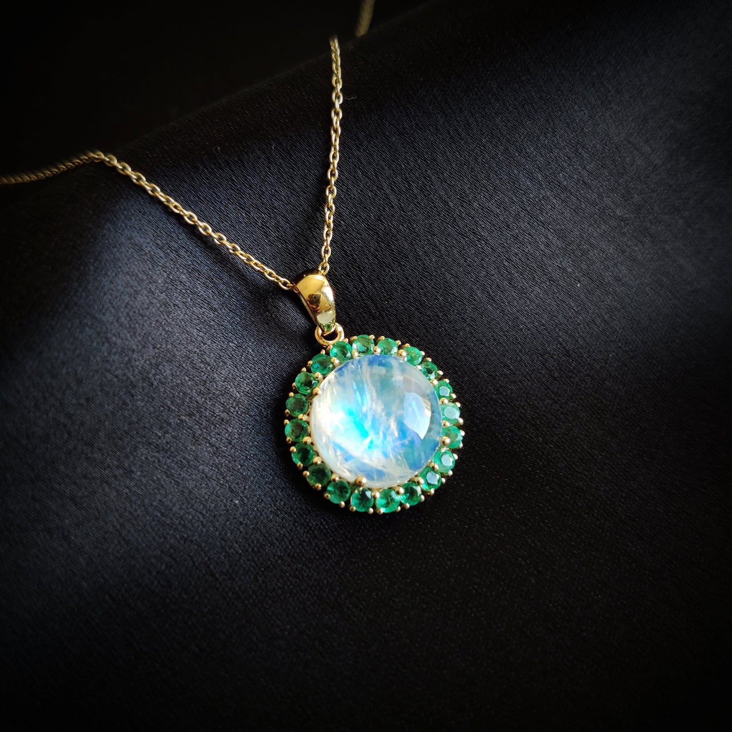 Natural Rainbow Moonstone & Emerald Pendant, 14K Solid Yellow Gold Pendant, Blue Moonstone Pendant, May and June Birthstone, Emerald Jewelry