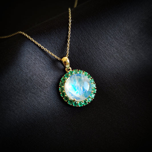 Natural Rainbow Moonstone & Emerald Pendant, 14K Solid Yellow Gold Pendant, Blue Moonstone Pendant, May and June Birthstone, Emerald Jewelry