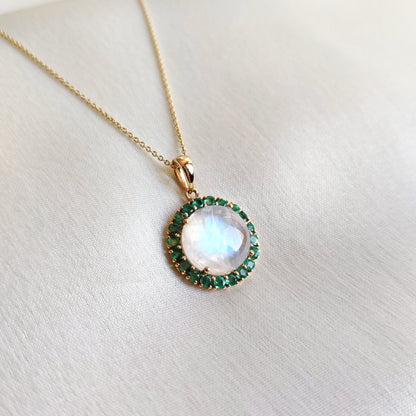 Natural Rainbow Moonstone & Emerald Pendant, 14K Solid Yellow Gold Pendant, Blue Moonstone Pendant, May and June Birthstone, Emerald Jewelry