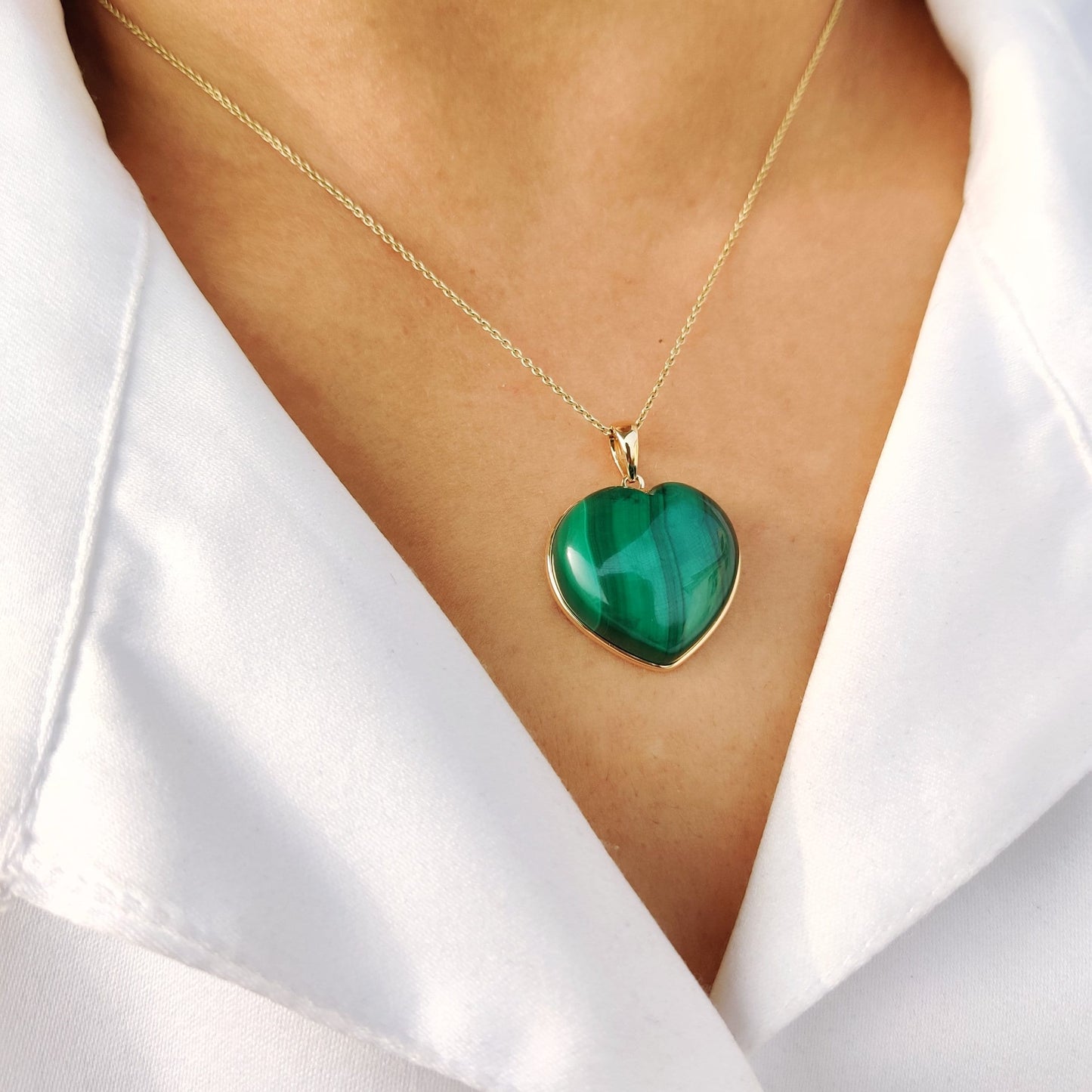 Natural Malachite Pendant, 14K Solid Yellow Gold Malachite Pendant, May Birthstone Pendant, Bezel Pendant, Malachite Jewelry, Heart Pendant