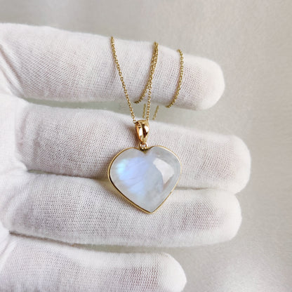 Natural Rainbow Moonstone Heart Pendant, 14K Solid Yellow Gold Moonstone Pendant, Blue Moonstone Jewelry, June Birthstone Pendant