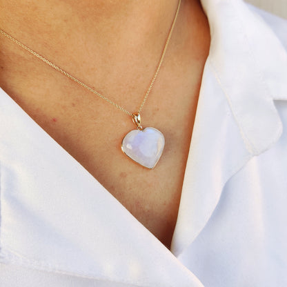 Natural Rainbow Moonstone Heart Pendant, 14K Solid Yellow Gold Moonstone Pendant, Blue Moonstone Jewelry, June Birthstone Pendant