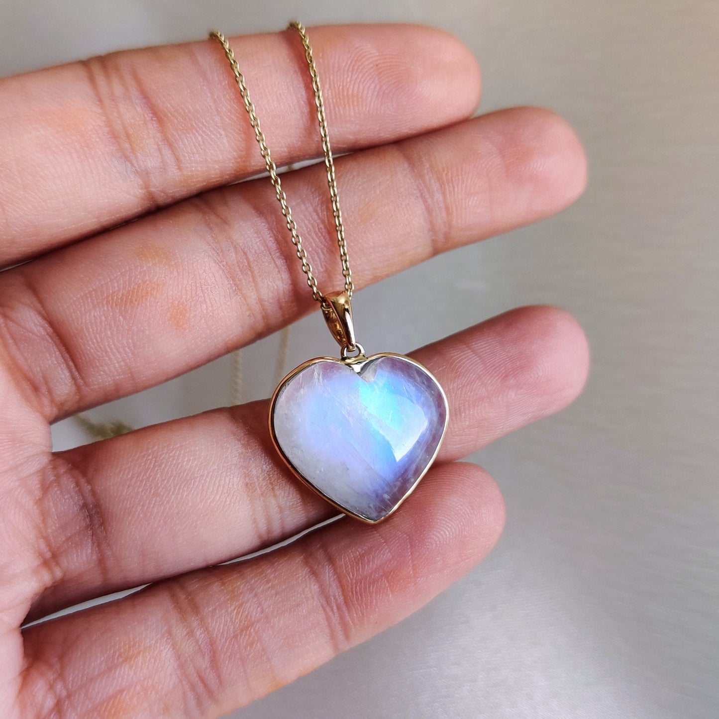 Natural Rainbow Moonstone Pendant, 14K Solid Yellow Gold  Pendant, Blue Moonstone Heart Pendant, June Birthstone Pendant, Christmas Gift