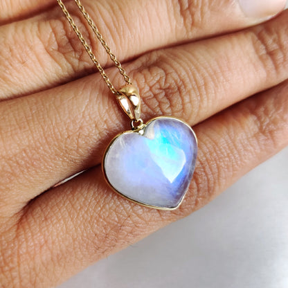 Natural Rainbow Moonstone Pendant, 14K Solid Yellow Gold  Pendant, Blue Moonstone Heart Pendant, June Birthstone Pendant, Christmas Gift