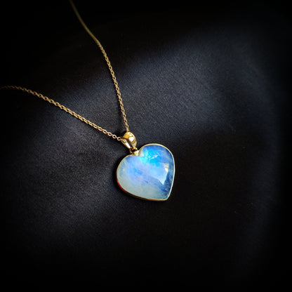 Natural Rainbow Moonstone Pendant, 14K Solid Yellow Gold  Pendant, Blue Moonstone Heart Pendant, June Birthstone Pendant, Christmas Gift