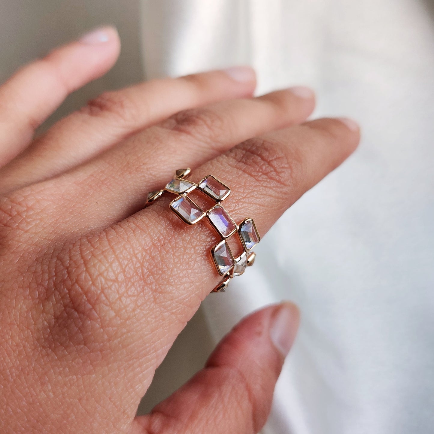 14K Gold Natural Rainbow Moonstone Ring, Solid Gold Moonstone Ring, Rainbow Moonstone Bezel Ring, Infinity Ring, June Birthstone Ring