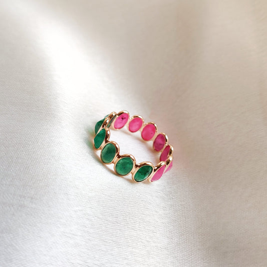 14K Gold Natural Ruby & Emerald Ring, Solid Gold Ruby and Emerald Ring, Precious Gemstone Bezel Ring, June Birthstone Ring