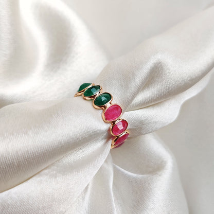 14K Gold Natural Ruby & Emerald Ring, Solid Gold Ruby and Emerald Ring, Precious Gemstone Bezel Ring, June Birthstone Ring