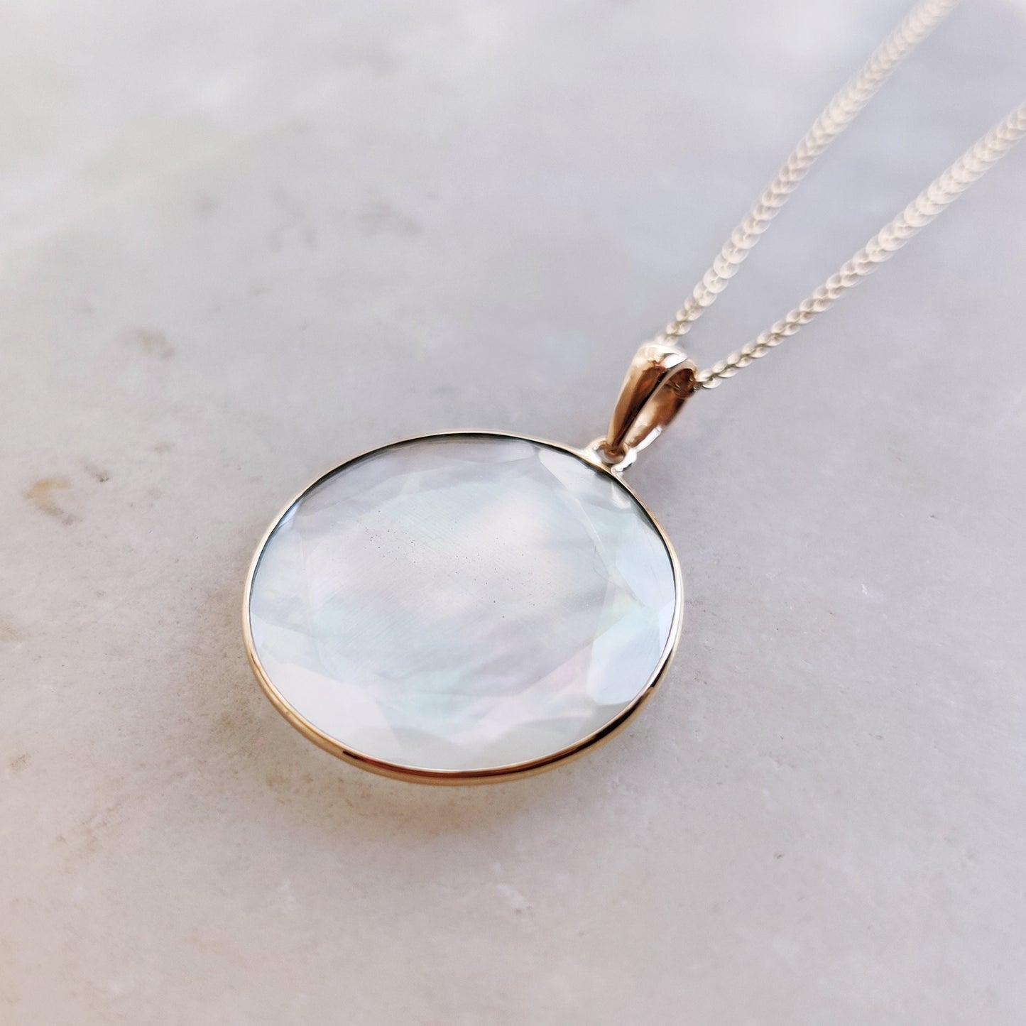 14K Gold Mother of Pearl Pendant, Natural MOP Bezel Necklace, 14K Solid Yellow Gold Pendant Necklace, June Birthstone, Christmas Gift