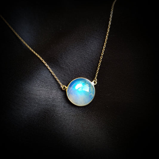 Natural Rainbow Moonstone Necklace, Moonstone Necklace Set in 14K Solid Yellow Gold, June Birthstone Pendant, Blue Moonstone Jewelry