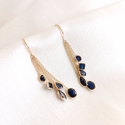 14K Gold Natural Blue Sapphire Earring, Solid Gold Sapphire Dangler Earring, Dainty Sapphire Dangler, September Birthstone, Birthday Present