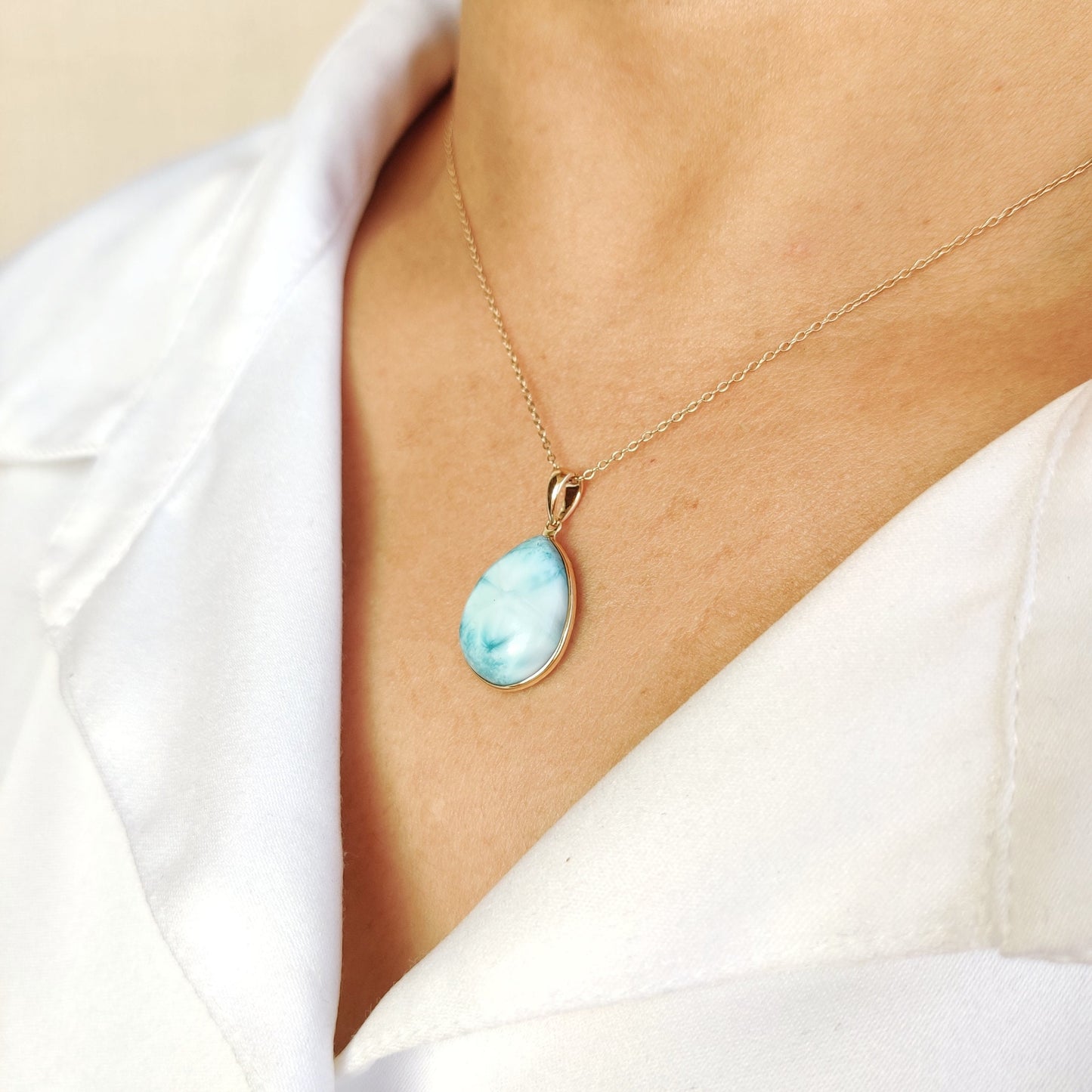 Natural Larimar Pendant, 14K Solid Gold Larimar Pendant, Solid Gold Pendant Necklace, March Birthstone, Christmas Gift, Bezel Pendant