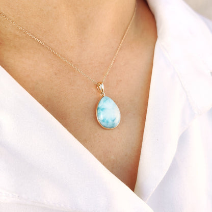 Natural Larimar Pendant, 14K Solid Gold Larimar Pendant, Solid Gold Pendant Necklace, March Birthstone, Christmas Gift, Bezel Pendant