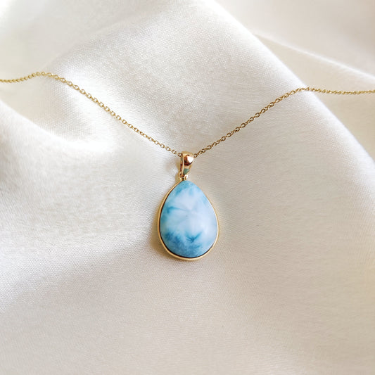 Natural Larimar Pendant, 14K Solid Gold Larimar Pendant, Solid Gold Pendant Necklace, March Birthstone, Christmas Gift, Bezel Pendant