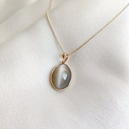 Natural Cat&#39;s Eye Pendant, 14K Solid Yellow Gold Cats Eye Pendant, June Birthstone, Bezel Pendant, Cat&#39;s Eye Jewelry, Anniversary Gift