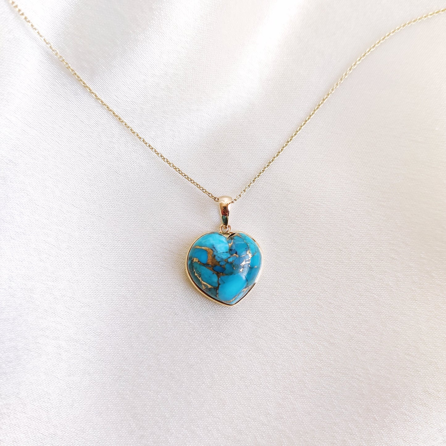 Natural Copper Turquoise Heart Pendant, 14K Solid Yellow Gold Pendant, Natural Turquoise Heart Shape Pendant, December Birthstone Pendant