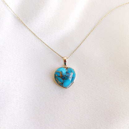 Natural Copper Turquoise Heart Pendant, 14K Solid Yellow Gold Pendant, Natural Turquoise Heart Shape Pendant, December Birthstone Pendant