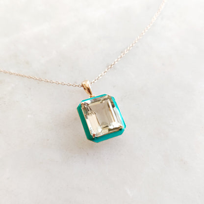 14K Gold Natural Green Amethyst Pendant, Solid Gold Enamel Pendant, February Birthstone Pendant, Gemstone Enamel Jewelry, Amethyst Jewelry