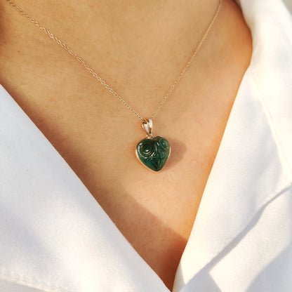 Natural Emerald Heart Pendant, 14K Solid Yellow Gold Emerald Pendant, Carving Emerald Pendant, May Birthstone Pendant, Valentine&#39;s Day Gift