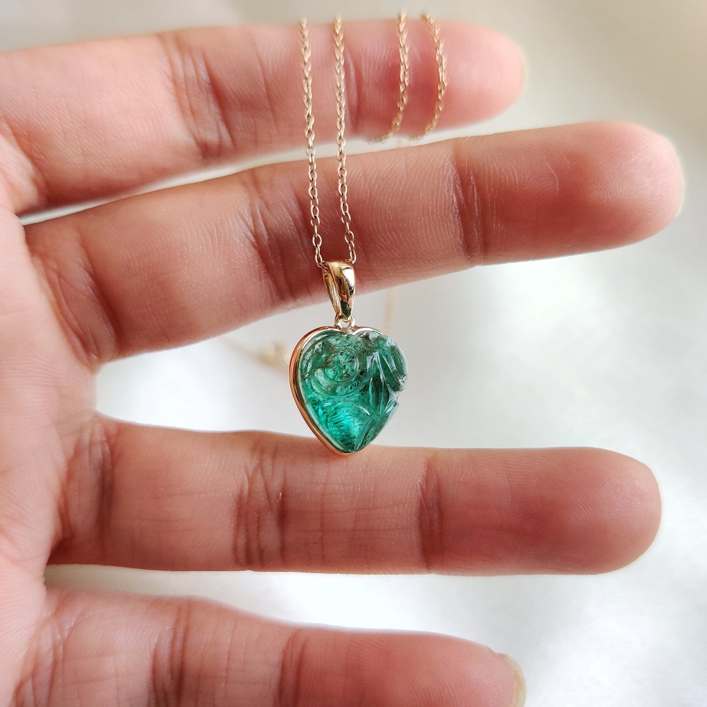 Natural Emerald Heart Pendant, 14K Solid Yellow Gold Emerald Pendant, Carving Emerald Pendant, May Birthstone Pendant, Valentine&#39;s Day Gift