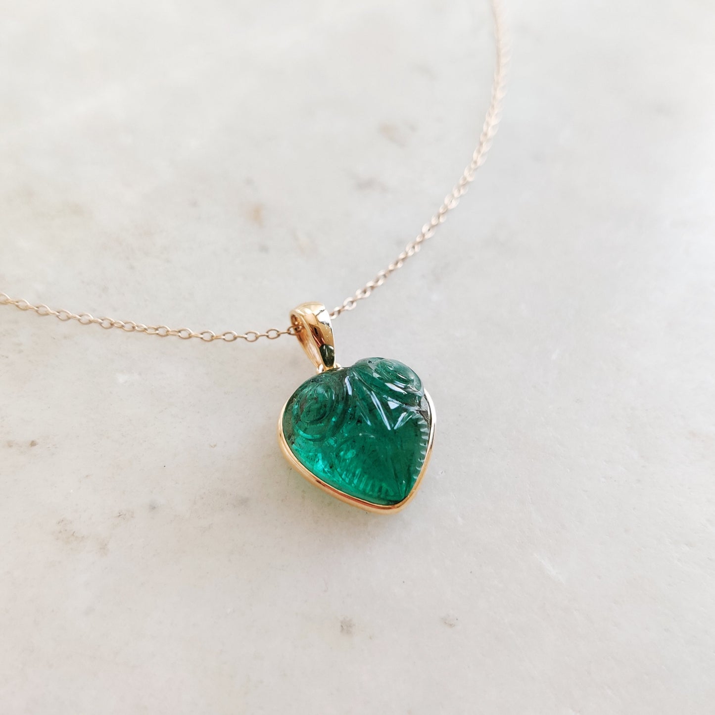 Natural Emerald Heart Pendant, 14K Solid Yellow Gold Emerald Pendant, Carving Emerald Pendant, May Birthstone Pendant, Valentine&#39;s Day Gift