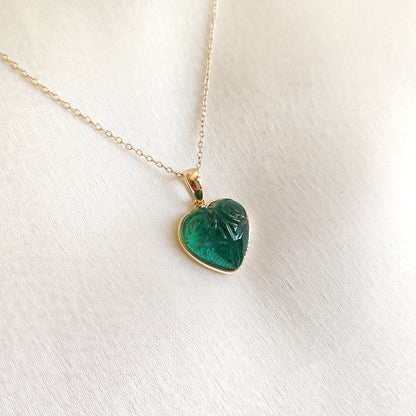 Natural Emerald Heart Pendant, 14K Solid Yellow Gold Emerald Pendant, Carving Emerald Pendant, May Birthstone Pendant, Valentine&#39;s Day Gift