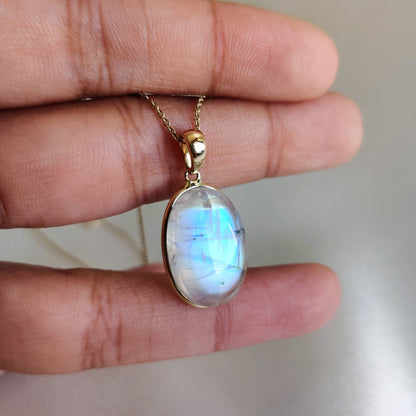 Natural Rainbow Moonstone Pendant, 14K Solid Yellow Gold Moonstone Pendant, June Birthstone Pendant, Oval Moonstone Pendant