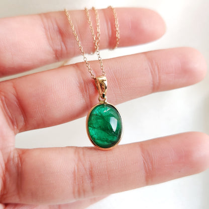 Natural Emerald Pendant, 14K Solid Yellow Gold Emerald Pendant, May Birthstone Pendant, Oval Emerald Bezel Pendant, Dainty Emerald Jewelry