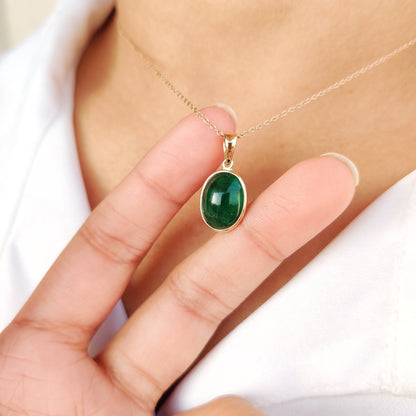 Natural Emerald Pendant, 14K Solid Yellow Gold Emerald Pendant, May Birthstone Pendant, Oval Emerald Bezel Pendant, Dainty Emerald Jewelry