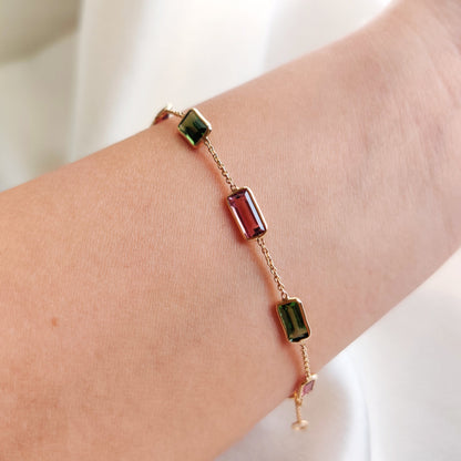 Natural Multi Tourmaline Bracelet, 14K Solid Gold Multi Tourmaline Bracelet, Dainty Tourmaline Baguette Bracelet, October Birthstone